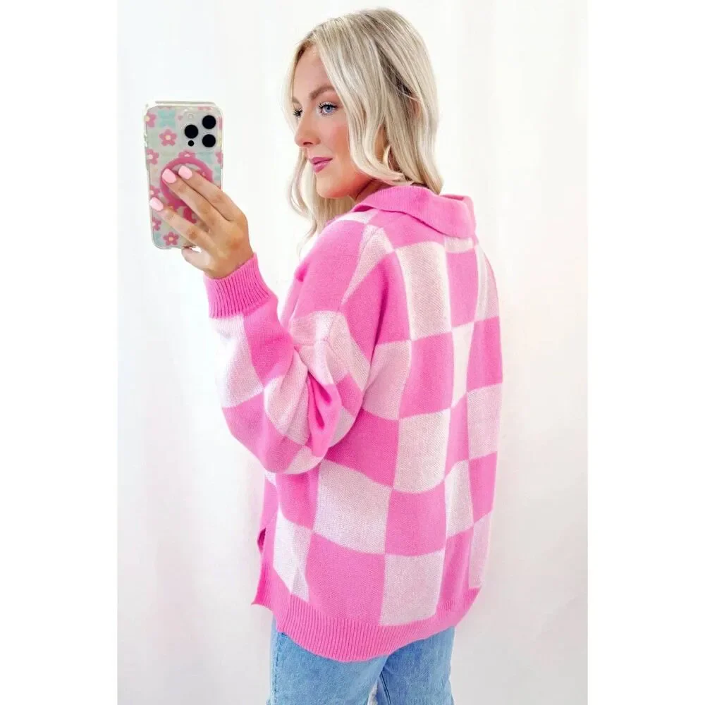 Pink Checkerboard Half Button Collared Drop Shoulder Sweater - Picture 2 of 5